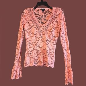 EUC VTG Moda International 90s Fitted Stretch Lace Sheer Pink Chic BoHo Blouse